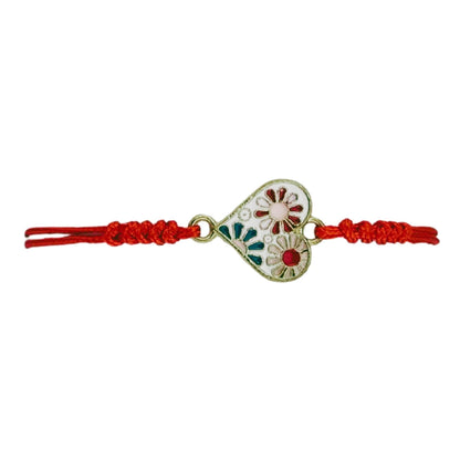 Martisor Bratara pentru Dama si Copii, Jolie, Model Inima cu Flori de Primavara, Set 12 bucati, Pandantiv Emailat, Snur Reglabil, Rosu/Multicolor