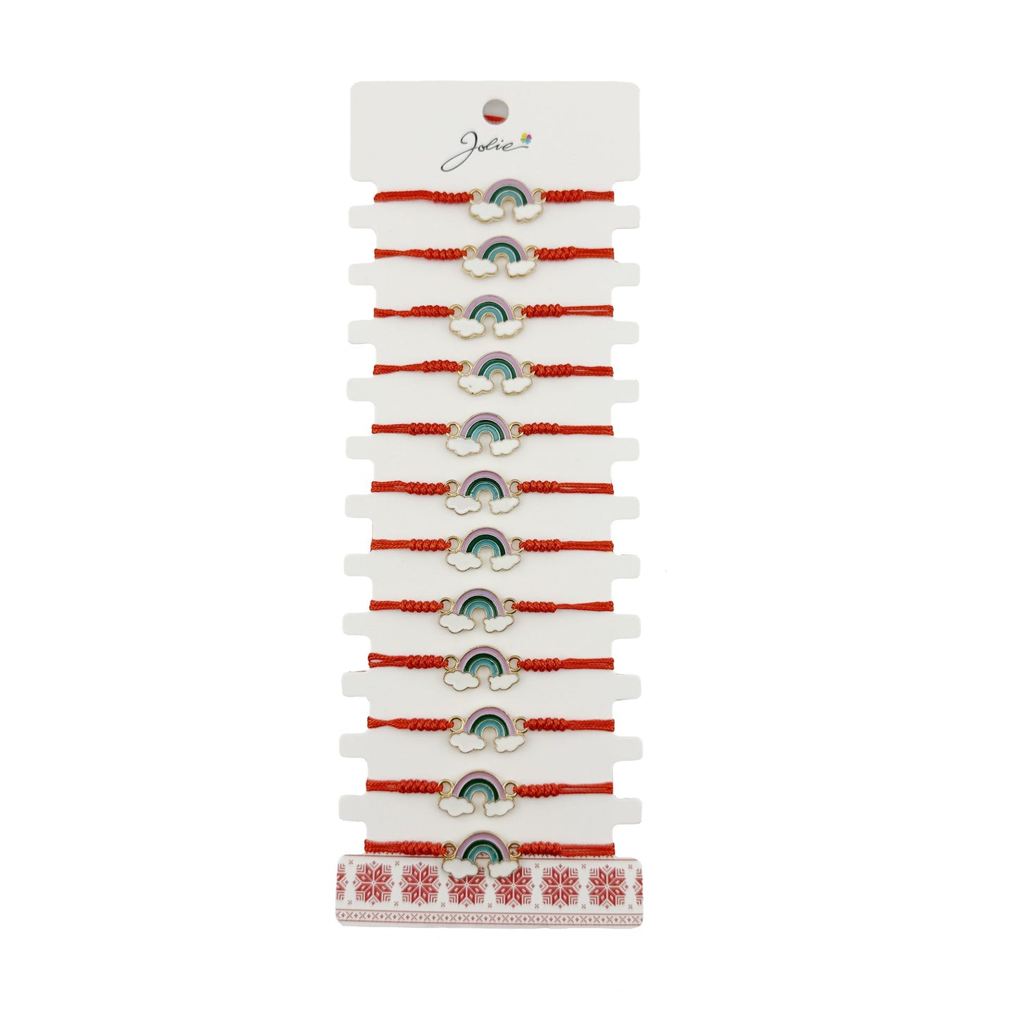 Bratara Martisor pentru Dama, Jolie, Model Curcubeu cu Nori, Set 12 bucati, Pandativ din Inox Auriu, Snur Ajustabil Impletit, Rosu