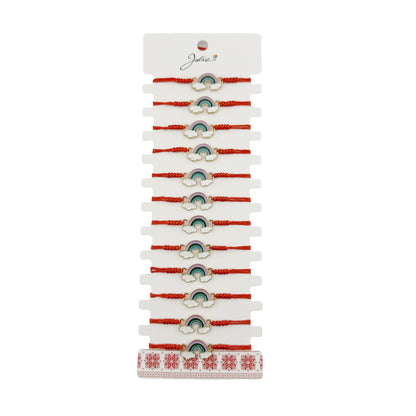 Bratara Martisor pentru Dama, Jolie, Model Curcubeu cu Nori, Set 12 bucati, Pandativ din Inox Auriu, Snur Ajustabil Impletit, Rosu