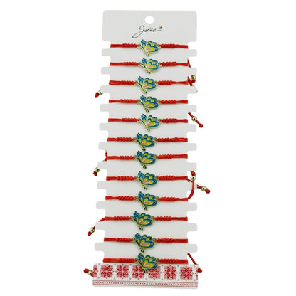 Martisor Bratara pentru Dama si Copii, Jolie, Model Fluture Albastru cu Galben, Set 12 bucati, Pandantiv Emailat, Snur Reglabil, Rosu