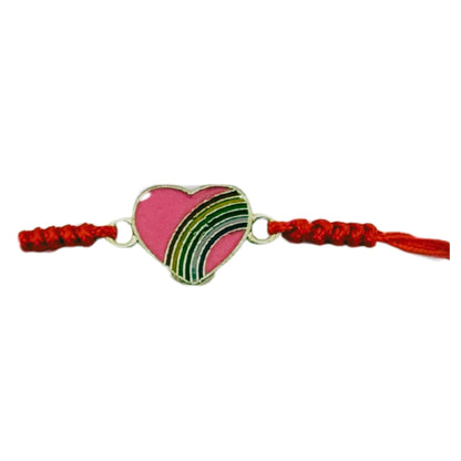 Martisor Bratara pentru Dama si Copii, Jolie, Model Inima cu Curcubeu Roz, Set 12 bucati, Pandantiv Emailat, Snur Reglabil, Rosu
