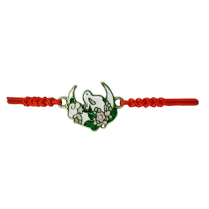 Martisor Bratara pentru Dama si Copii, Jolie, Model Iepuras pe Semiluna cu Flori, Set 12 bucati, Pandantiv Emailat, Snur Reglabil, Rosu/Multicolor