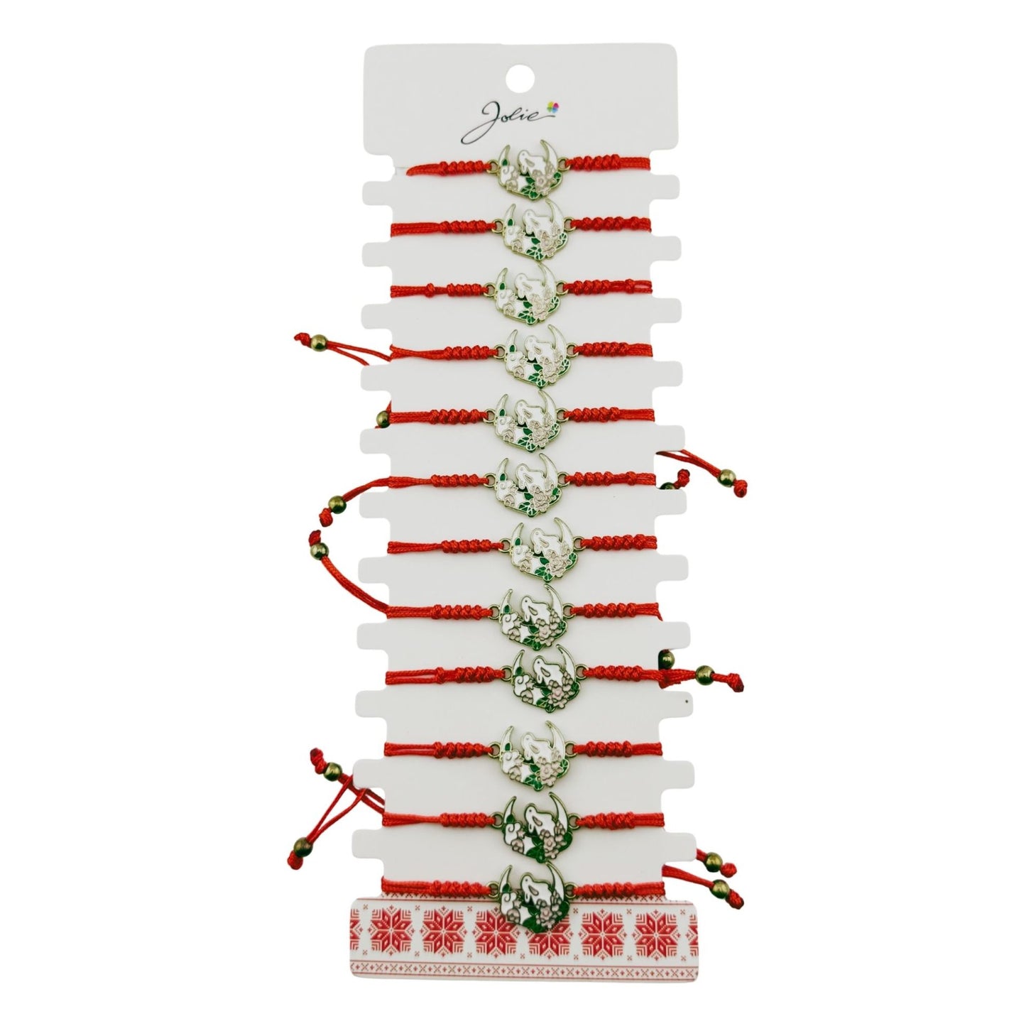 Martisor Bratara pentru Dama si Copii, Jolie, Model Iepuras pe Semiluna cu Flori, Set 12 bucati, Pandantiv Emailat, Snur Reglabil, Rosu/Multicolor