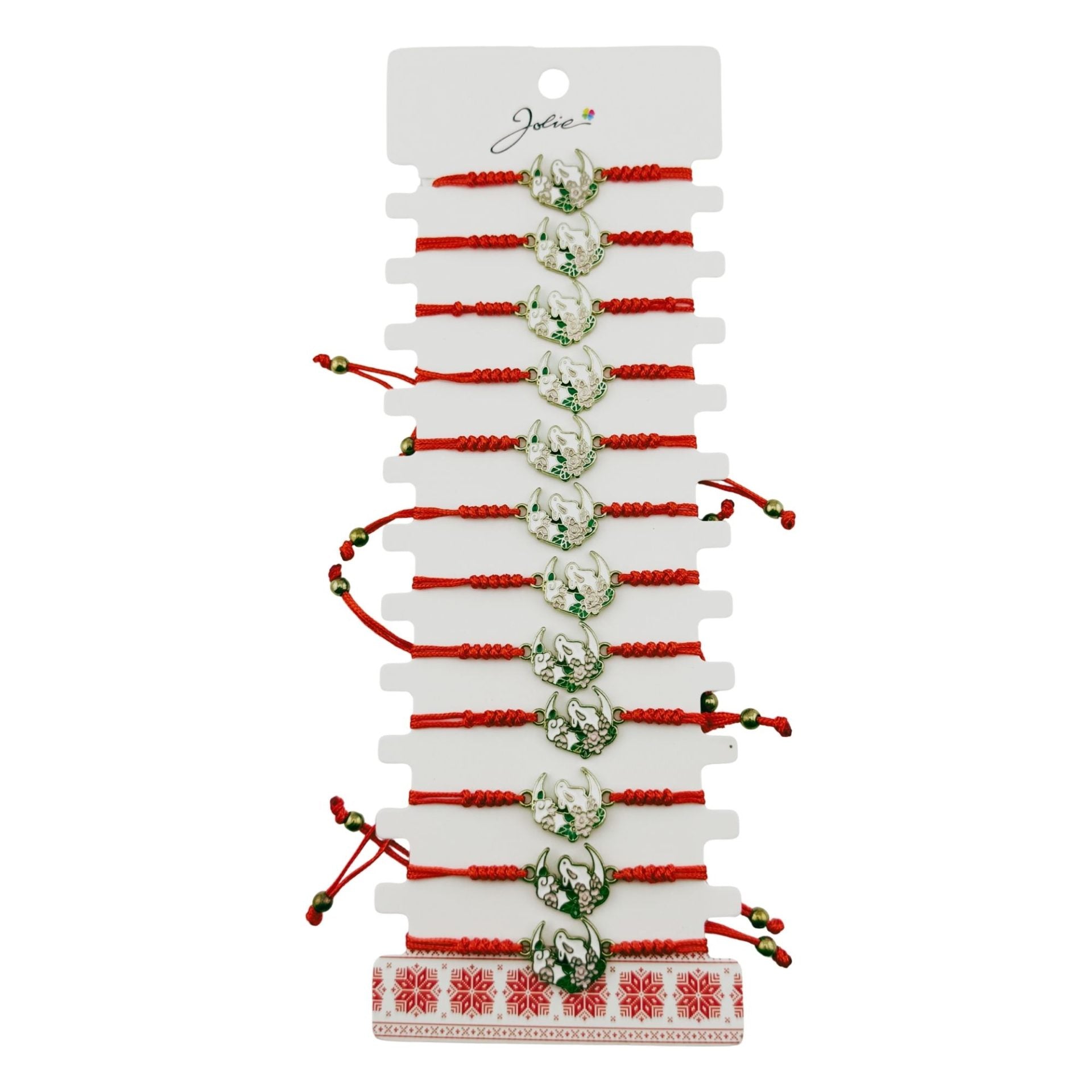 Martisor Bratara pentru Dama si Copii, Jolie, Model Iepuras pe Semiluna cu Flori, Set 12 bucati, Pandantiv Emailat, Snur Reglabil, Rosu/Multicolor