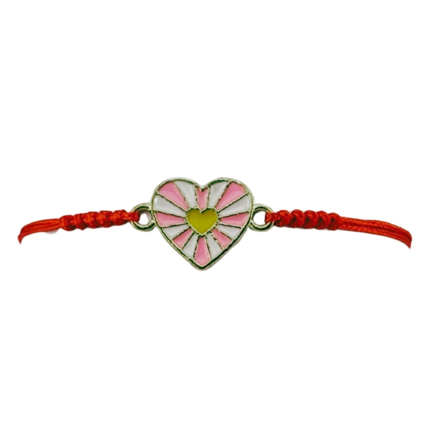 Martisor Bratara pentru Dama si Copii, Jolie, Model Inima cu Raze Roz si Galben, Set 12 bucati, Pandantiv Emailat, Snur Reglabil, Rosu