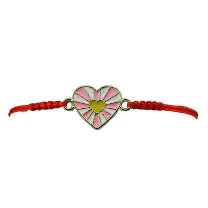 Martisor Bratara pentru Dama si Copii, Jolie, Model Inima cu Raze Roz si Galben, Set 12 bucati, Pandantiv Emailat, Snur Reglabil, Rosu