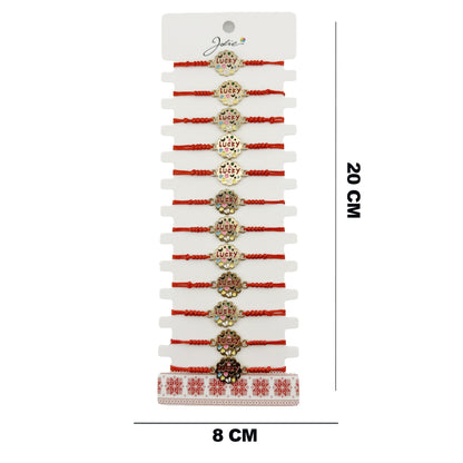Bratara Martisor pentru Dama, Jolie, Model Lucky, Set 12 bucati, Pandativ din Inox Auriu, Snur Ajustabil Impletit, Rosu