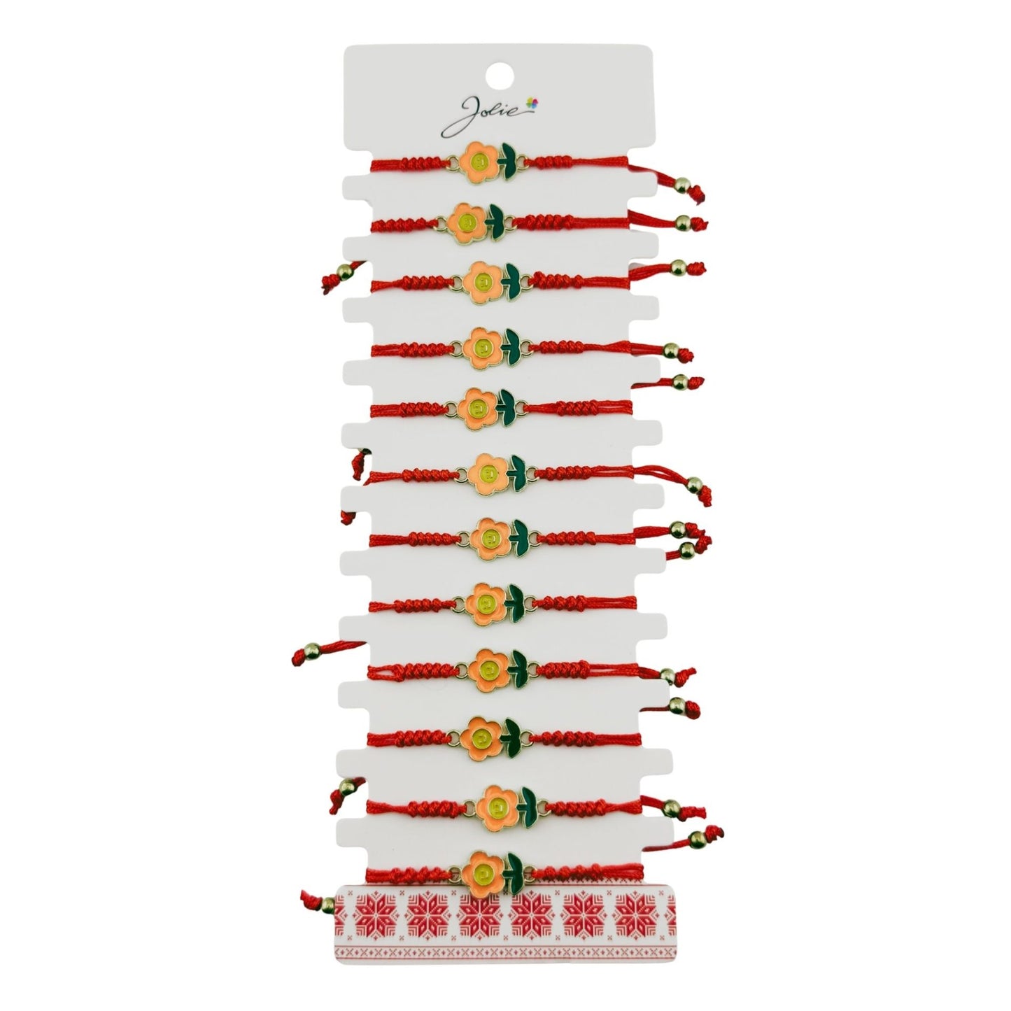 Martisor Bratara pentru Dama si Copii, Jolie, Model Floricica Zambitoare, Set 12 bucati, Pandantiv Emailat, Snur Reglabil, Rosu/Portocaliu