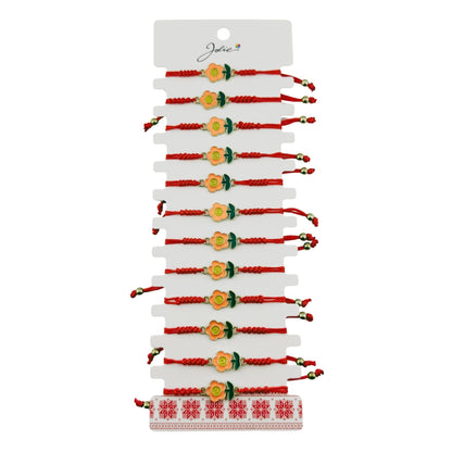 Martisor Bratara pentru Dama si Copii, Jolie, Model Floricica Zambitoare, Set 12 bucati, Pandantiv Emailat, Snur Reglabil, Rosu/Portocaliu