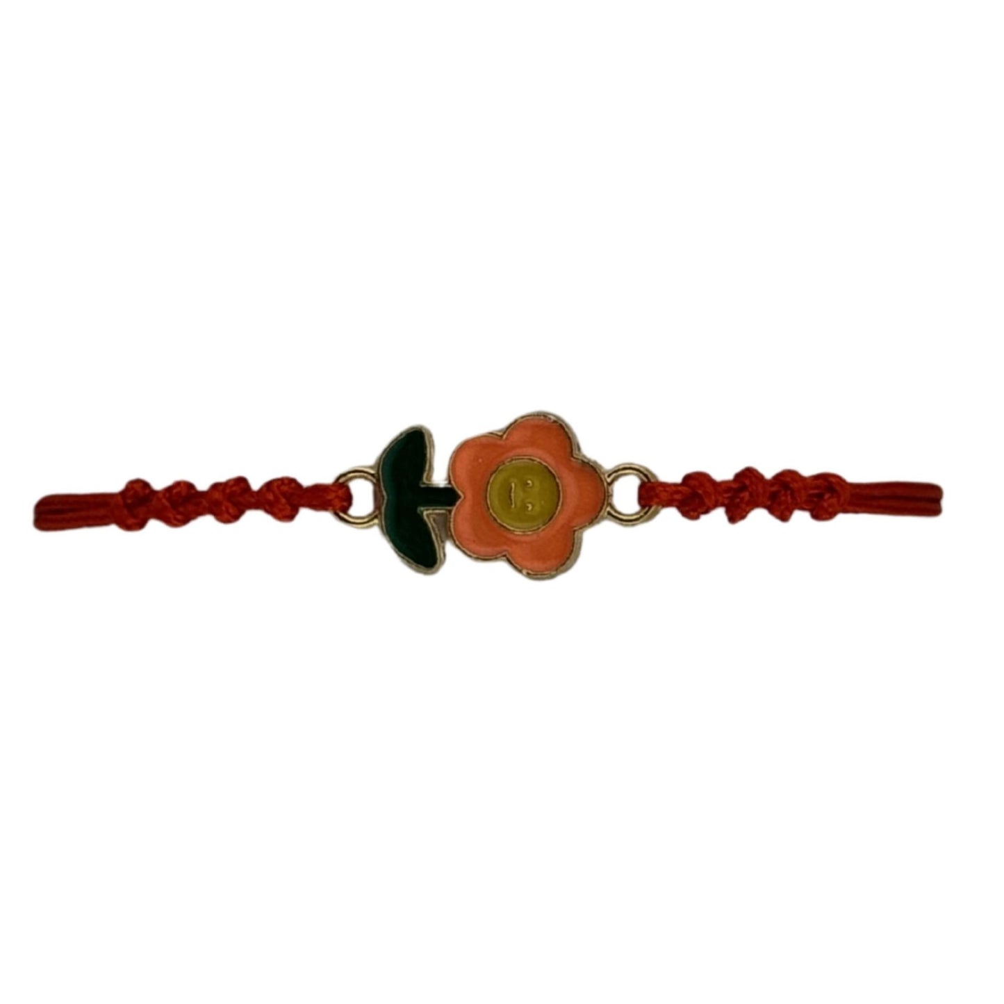 Martisor Bratara pentru Dama si Copii, Jolie, Model Floricica Zambitoare, Set 12 bucati, Pandantiv Emailat, Snur Reglabil, Rosu/Portocaliu