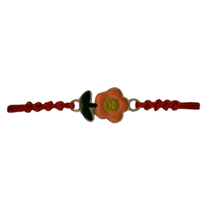 Martisor Bratara pentru Dama si Copii, Jolie, Model Floricica Zambitoare, Set 12 bucati, Pandantiv Emailat, Snur Reglabil, Rosu/Portocaliu