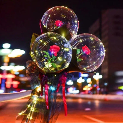 Set Buchet Decorativ, Klevo, Trandafir in Balon cu Lumini Led, Diametru 35 cm, 2 x Baterii AA (neincluse), Rosu/Negru