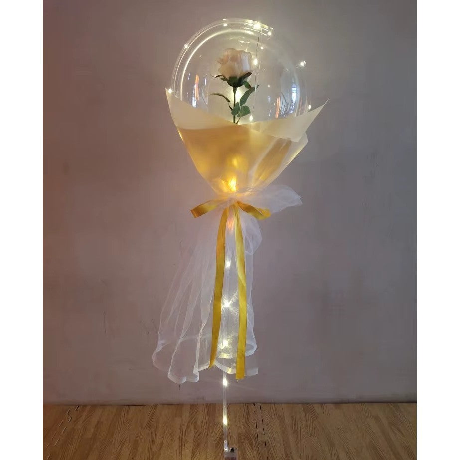 Set Buchet Decorativ, Klevo, Trandafir in Balon cu Lumini Led, Diametru 35 cm, 2 x Baterii AA (neincluse), Sampanie