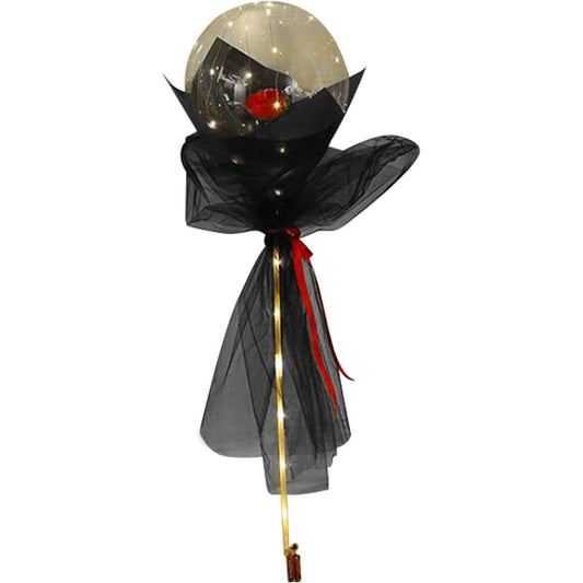 Set Buchet Decorativ, Klevo, Trandafir in Balon cu Lumini Led, Diametru 35 cm, 2 x Baterii AA (neincluse), Rosu/Negru