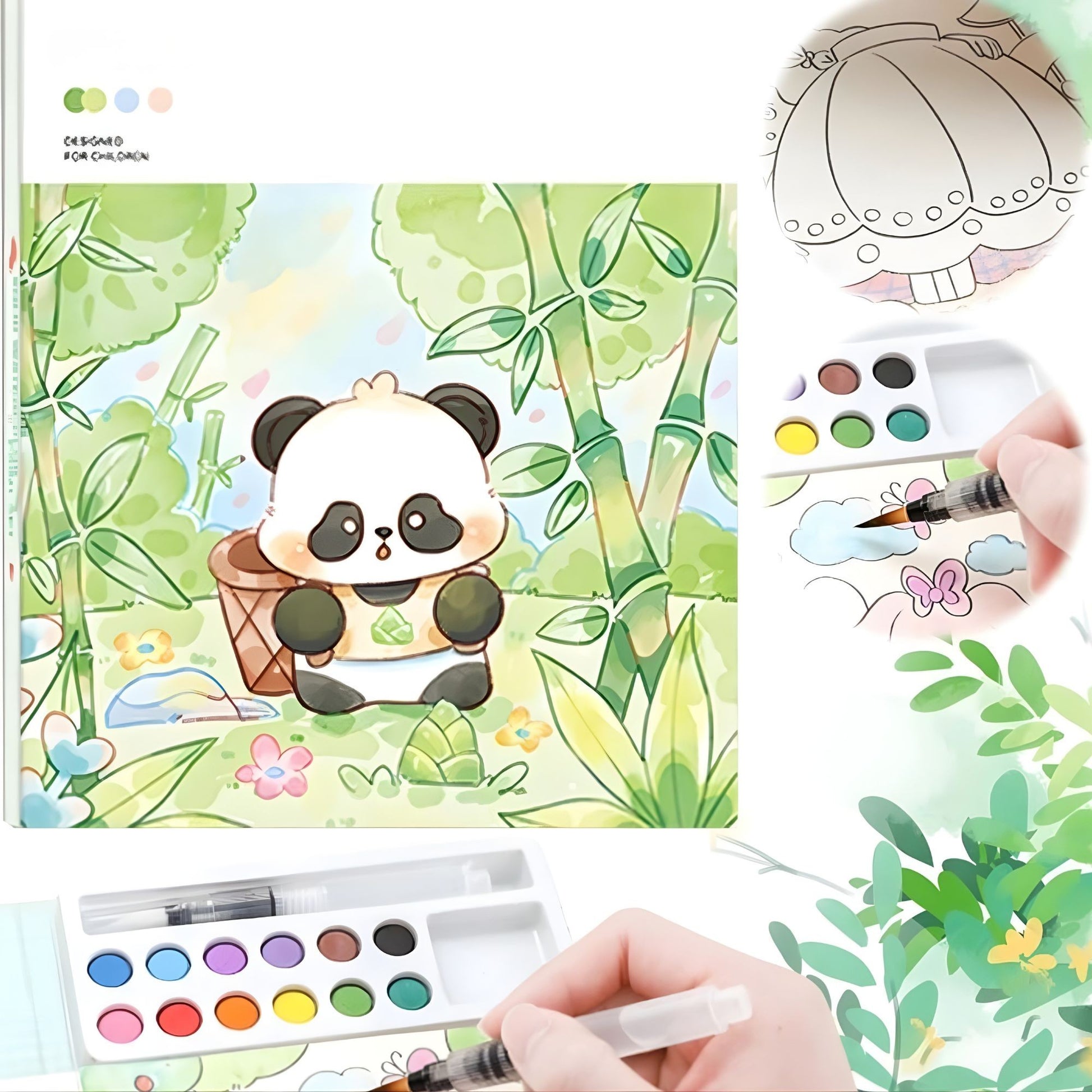 Carte de Colorat cu Acuarela, Klevo, Model Panda, 20 Foi de Carton 200 gr, 12 Culori, 1 Pensula, 15.7 x 18.8 x 1.8 cm, Verde