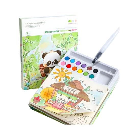 Carte de Colorat cu Acuarela, Klevo, Model Panda, 20 Foi de Carton 200 gr, 12 Culori, 1 Pensula, 15.7 x 18.8 x 1.8 cm, Verde