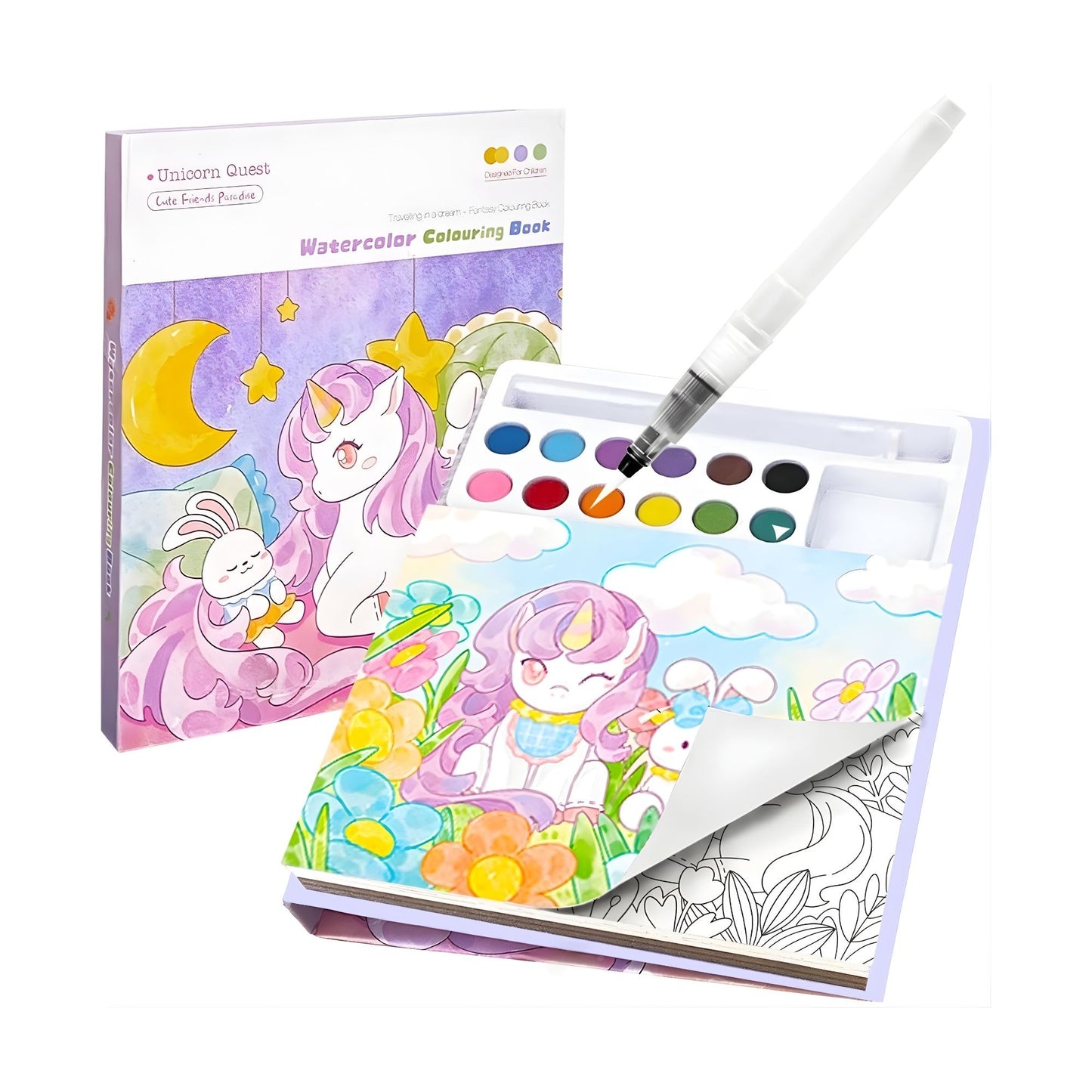 Carte de Colorat cu Acuarela, Klevo, Model Unicorn, 20 Foi de Carton 200 gr, 12 Culori, 1 Pensula, 15.7 x 18.8 x 1.8 cm, Mov