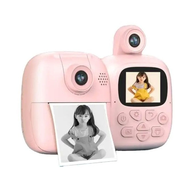 Set Camera Instantanee pentru Copii, Klevo, Camera 180° Selfie, Ecran HD 2'', 24MP, 720P Video, 1200 mAh, cu Functie de Printare Alb-Negru, cablu USB-C, Bluetooth, Compatibil iOS/Android, Imprimare APP, Model Bunny, Roz