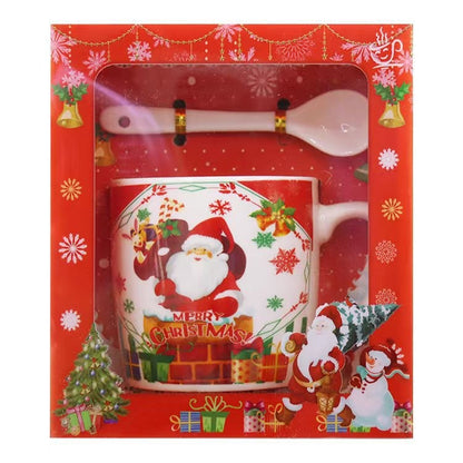 Set cana ceramica cu lingurita Klevo, 200 ml, tematica Mos Craciun cu sac de cadouri, multicolor