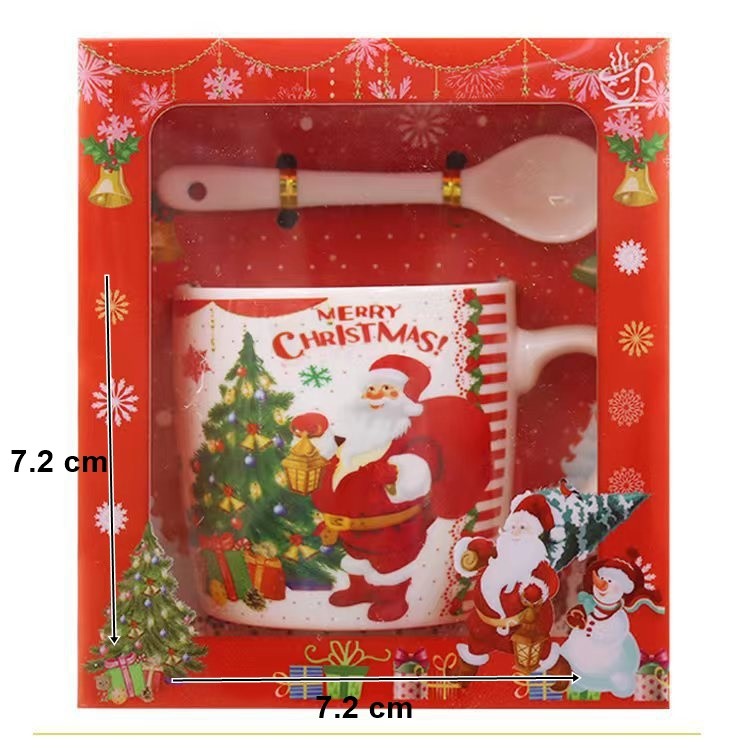 Set cana ceramica cu lingurita Klevo, 200 ml, tematica Mos Craciun cu brad, alb