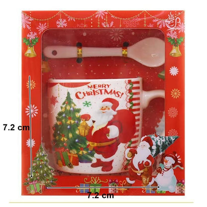 Set cana ceramica cu lingurita Klevo, 200 ml, tematica Mos Craciun cu brad, alb