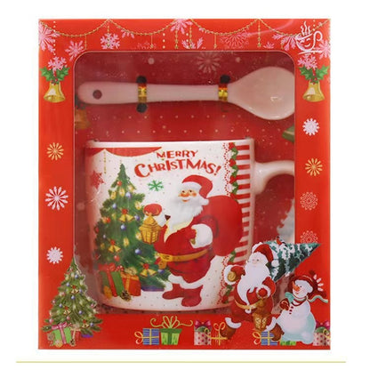 Set cana ceramica cu lingurita Klevo, 200 ml, tematica Mos Craciun cu brad, alb