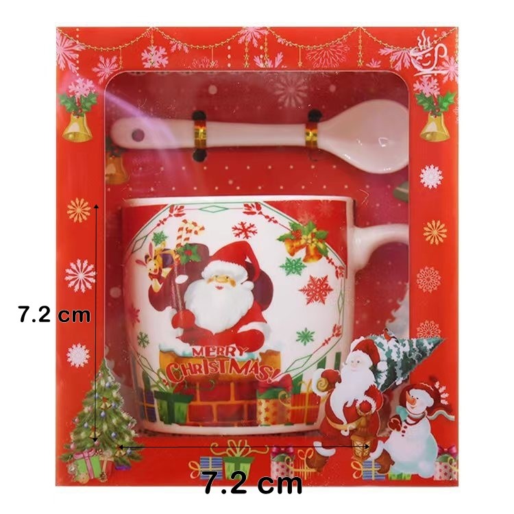 Set cana ceramica cu lingurita Klevo, 200 ml, tematica Mos Craciun cu sac de cadouri, multicolor