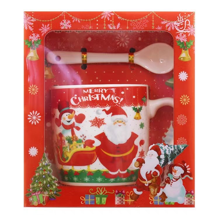Set cana ceramica cu lingurita Klevo, 200 ml, tematica Mos Craciun cu sanie, multicolor