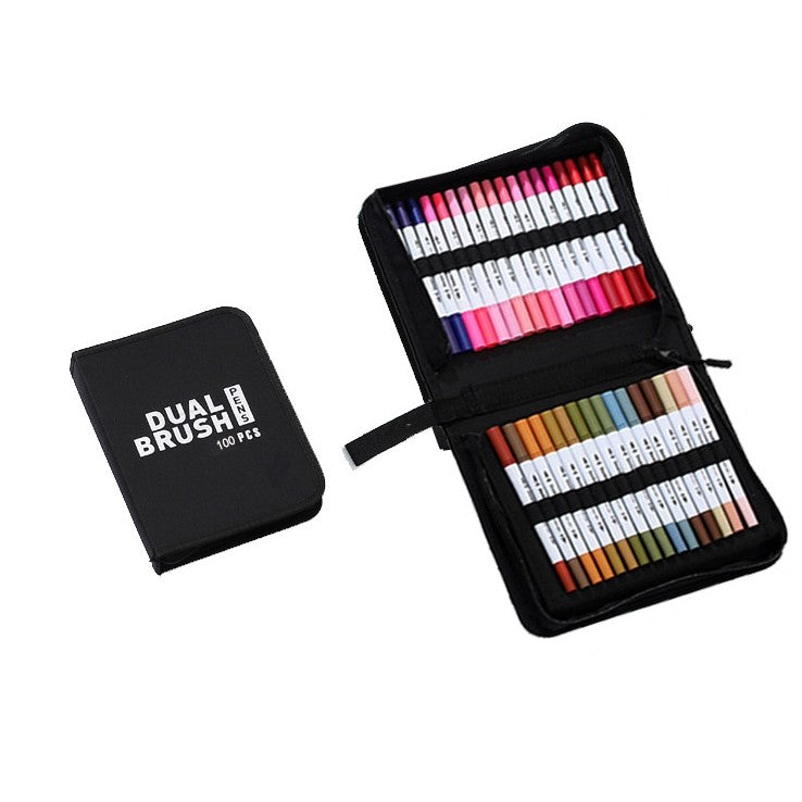 Set Carioci pe Baza de Apa, Klevo, 2 in 1, pentru Pictura, Caligrafie, 100 Culori, Penar Negru, Corp Carioca Alb, 23.5 x 19.5 x 7.5 cm, Multicolor