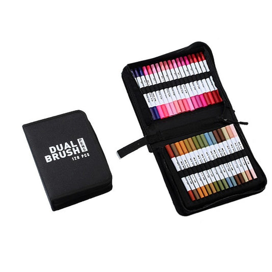 Set Carioci pe Baza de Apa, Klevo, 2 in 1, pentru Pictura, Caligrafie, 120 Culori, Penar Negru, Corp Carioca Alb, 27.5 x 19.5 x 8 cm, Multicolor