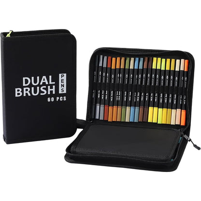 Set Carioci pe Baza de Apa, Klevo, 2 in 1, pentru Pictura, Caligrafie, 60 Culori, Penar Negru, Corp Carioca Negru, 26.5 x 17.5 x 4.5 cm, Multicolor