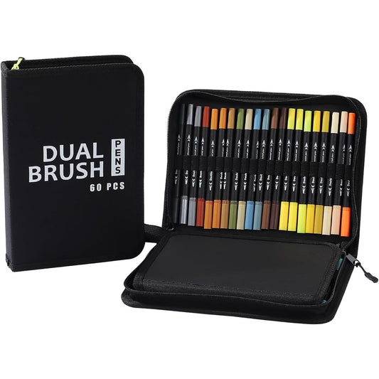 Set Carioci pe Baza de Apa, Klevo, 2 in 1, pentru Pictura, Caligrafie, 60 Culori, Penar Negru, Corp Carioca Negru, 26.5 x 17.5 x 4.5 cm, Multicolor