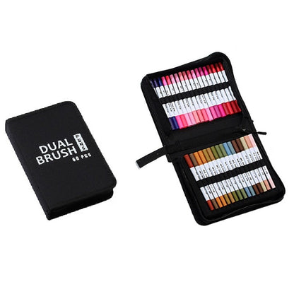 Set Carioci pe Baza de Apa, Klevo, 2 in 1, pentru Pictura, Caligrafie, 60 Culori, Penar Negru, Corp Carioca Alb, 26.5 x 17.5 x 4.5 cm, Multicolor