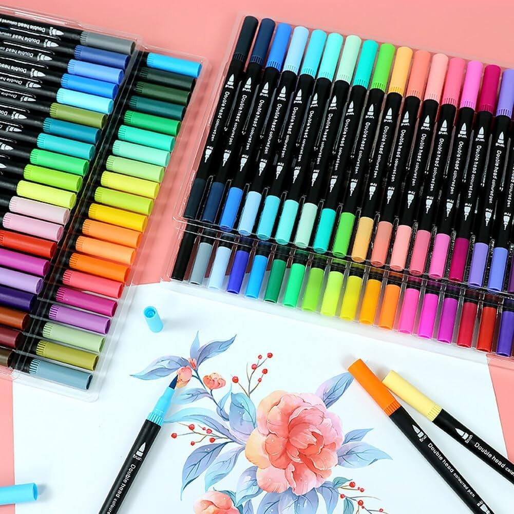 Set Carioci pe Baza de Apa, Klevo, 2 in 1, pentru Pictura, Caligrafie, 72 Culori, Penar Negru, Corp Carioca Negru, 24.5 x 18.5 x 5 cm, Multicolor