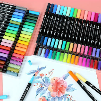 Set Carioci pe Baza de Apa, Klevo, 2 in 1, pentru Pictura, Caligrafie, 72 Culori, Penar Negru, Corp Carioca Negru, 24.5 x 18.5 x 5 cm, Multicolor