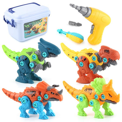 Set de Constructie/Asamblare, Klevo, 4 Dinozauri, cu Bormasina Electrica, Baterii 2 x AA, Surubelnita si Cutie Depozitare, 22.5 x 14.5 x 15 cm, Multicolor