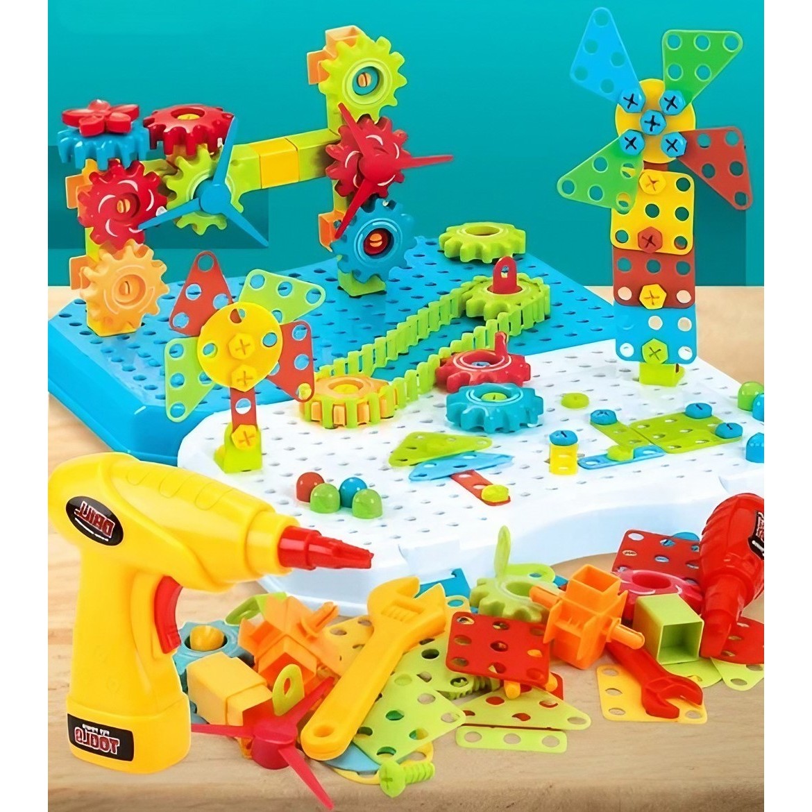 Set Constructie Bormasina Magica cu Servieta, Klevo, 310 Piese, Albastru, Piese Multicolore, Plastic, 31x46 cm