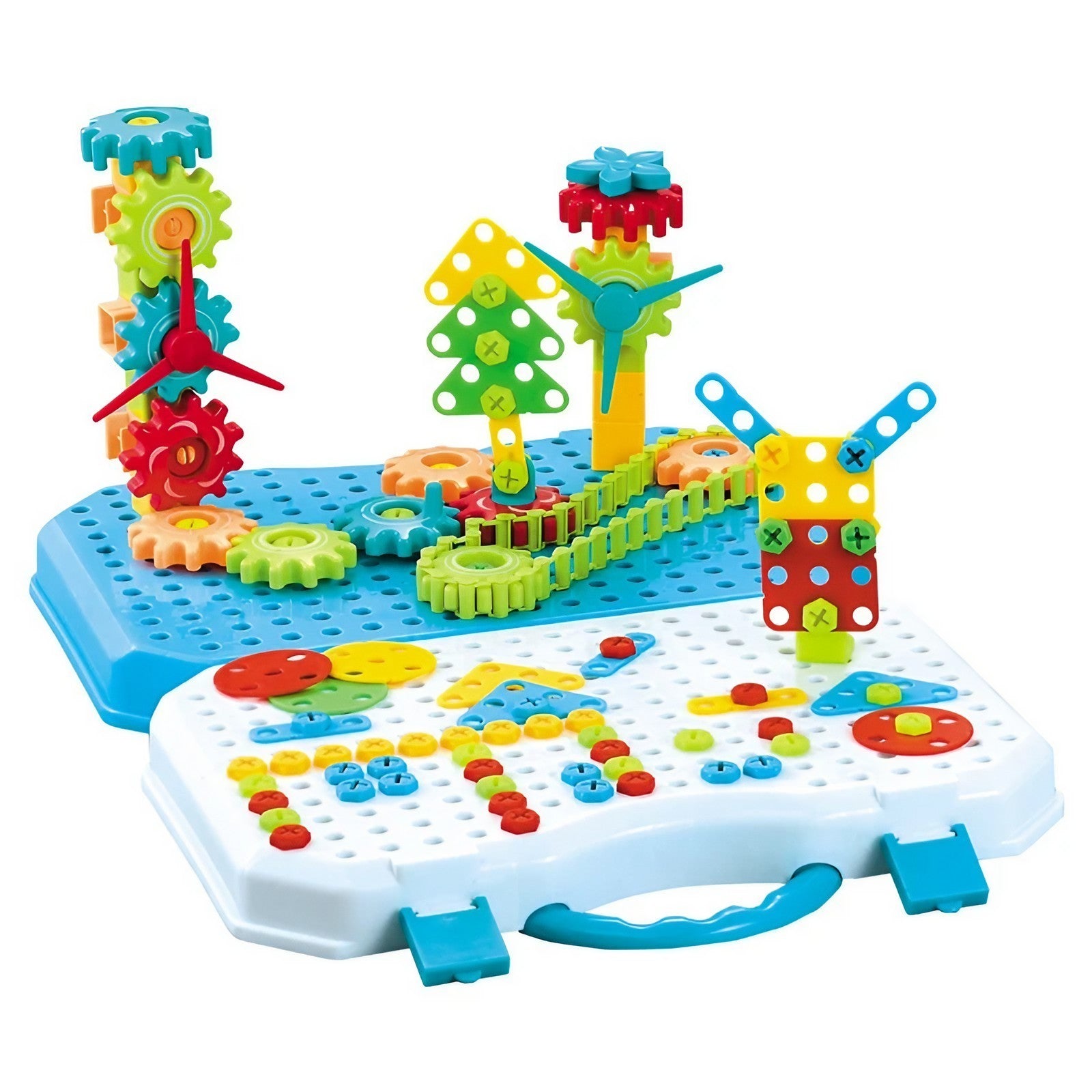 Set Constructie Bormasina Magica cu Servieta, Klevo, 310 Piese, Albastru, Piese Multicolore, Plastic, 31x46 cm