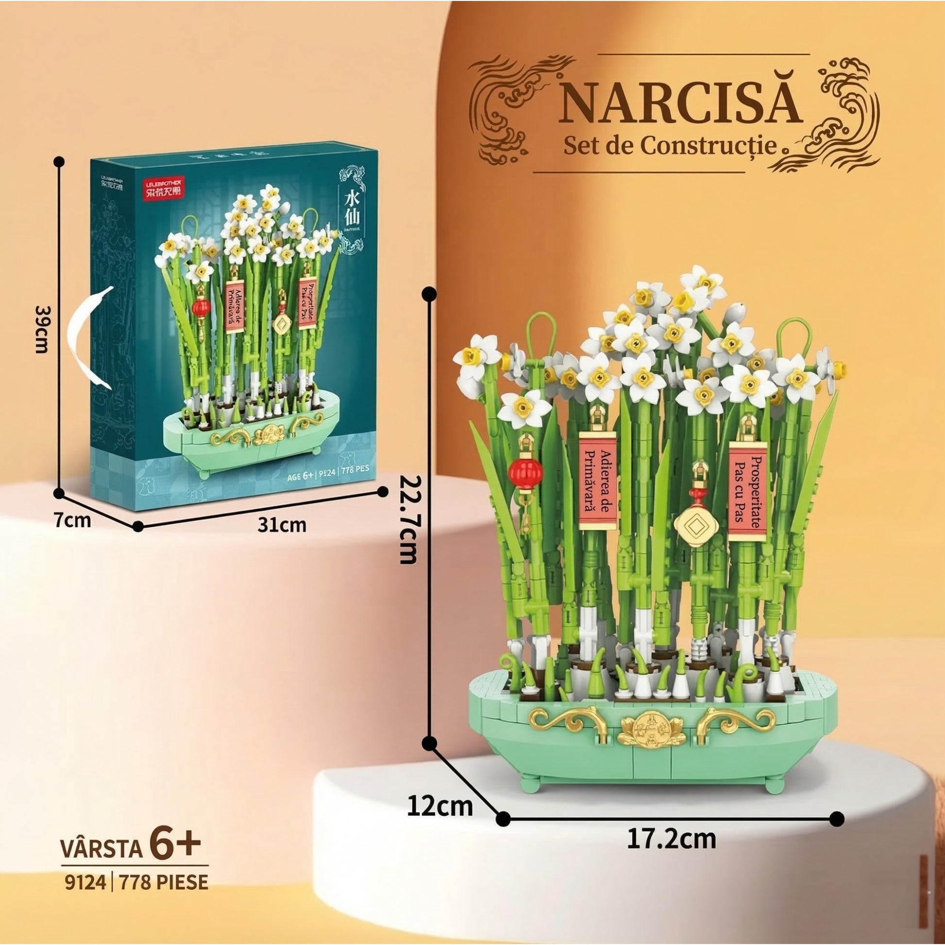 Set de Constructie, Klevo, Narcise Decorative cu Suport, 778 piese, 6+ ani, Planta Artificiala, Decor Floral de Birou, Idee de Cadou pentru Femei, Cadou pentru Iubita si Pasionatii de Jocuri de Constructie Creativa