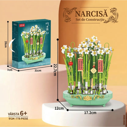 Set de Constructie, Klevo, Narcise Decorative cu Suport, 778 piese, 6+ ani, Planta Artificiala, Decor Floral de Birou, Idee de Cadou pentru Femei, Cadou pentru Iubita si Pasionatii de Jocuri de Constructie Creativa