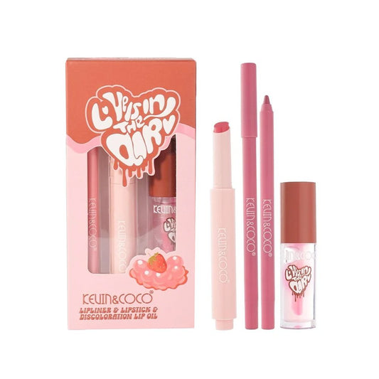 Set pentru Buze Kevin&Coco Love Is In The Air, Klevo, Ruj 2.5g, Creion Contur 1.5g, Luciu de Buze 2.8g, Efect Hidratant & Volum, Nuanta 01 Chocolate Cream