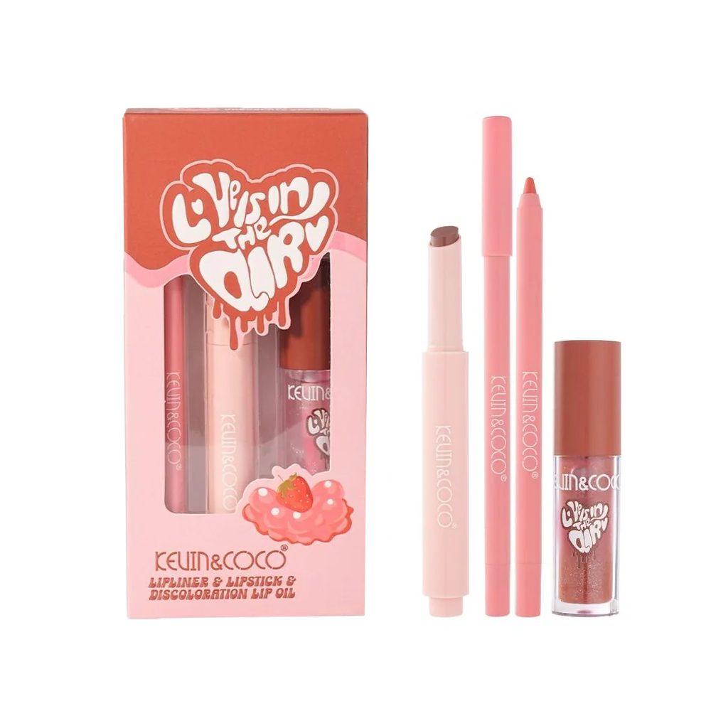 Set pentru Buze Kevin&Coco Love Is In The Air, Klevo, Ruj 2.5g, Creion Contur 1.5g, Luciu de Buze 2.8g, Efect Hidratant & Volum, Nuanta 02 Hot Chocolate