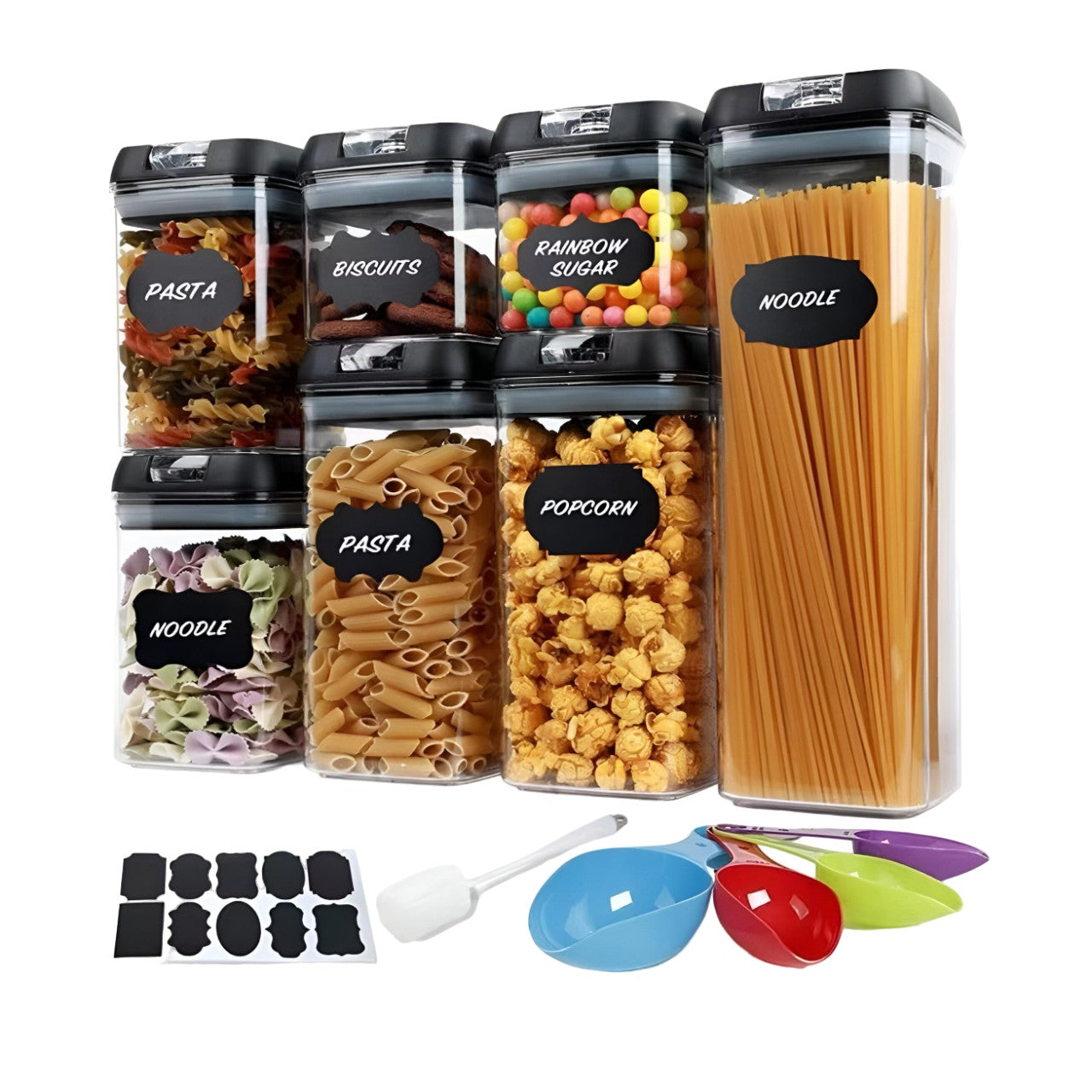 Set Cutii de Depozitare a Alimentelor, Klevo, 7 Recipiente, 10 Etichete Reutilizabile, 4 Linguri, pentru Bucatarie, Spatula, Etansare, Fara BPA, Transparente, Capac Negru