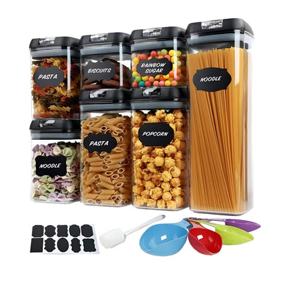 Set Cutii de Depozitare a Alimentelor, Klevo, 7 Recipiente, 10 Etichete Reutilizabile, 4 Linguri, pentru Bucatarie, Spatula, Etansare, Fara BPA, Transparente, Capac Negru