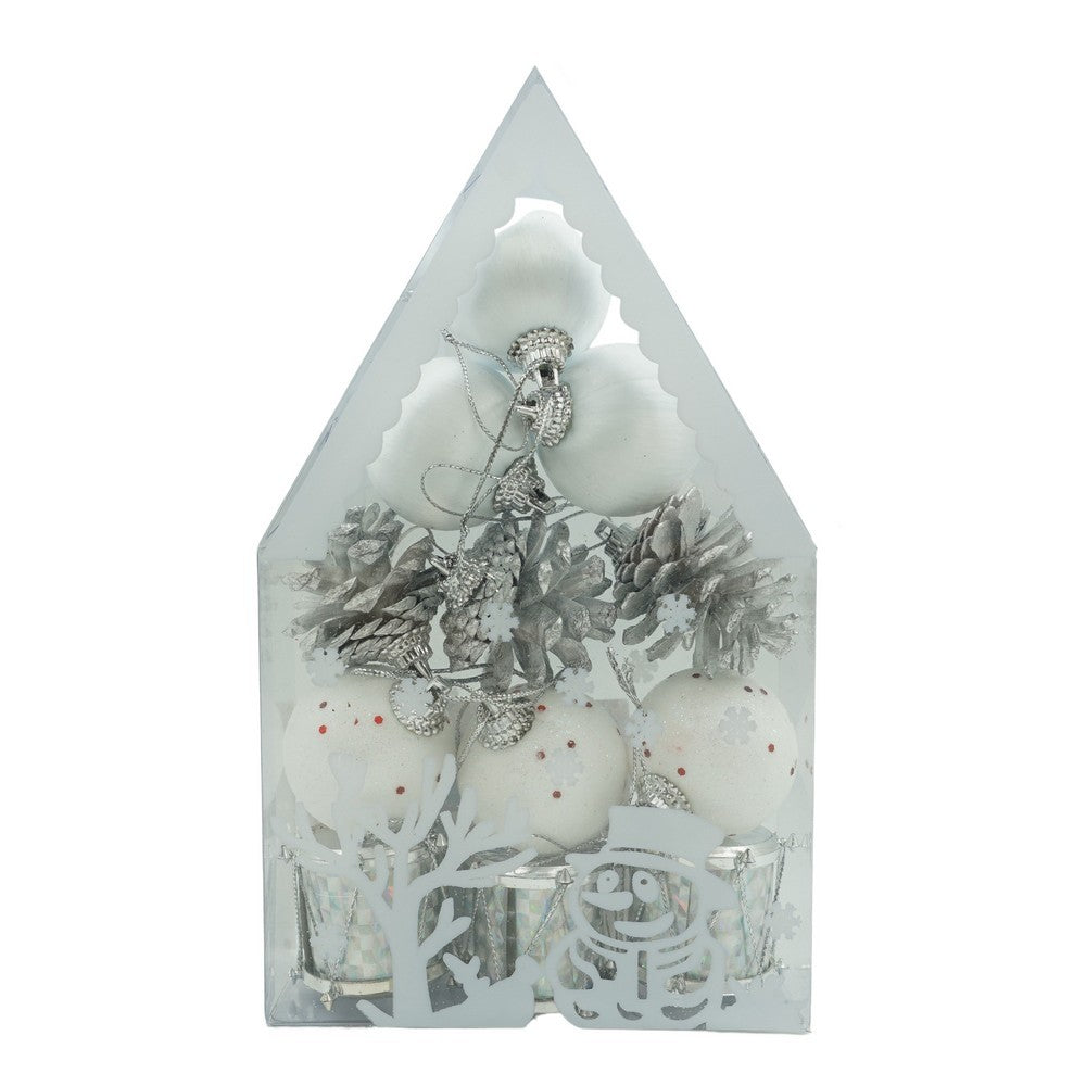 Set de 12 ornamente de brad, Klevo, de tip Glob, Alb/ Argintiu, din polistiren, cu finisaj sclipitor , cutie  4  cm adancime x 20  cm inaltime x 12  cm lungime)