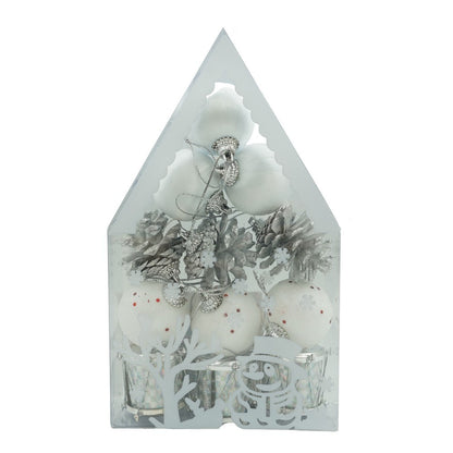 Set de 12 ornamente de brad, Klevo, de tip Glob, Alb/ Argintiu, din polistiren, cu finisaj sclipitor , cutie  4  cm adancime x 20  cm inaltime x 12  cm lungime)