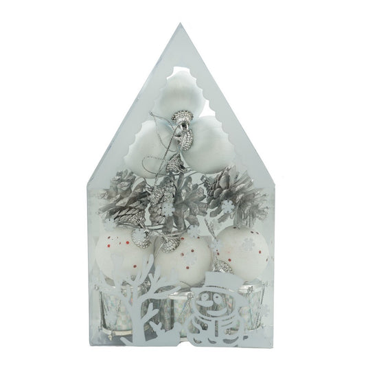 Set de 12 ornamente de brad, Klevo, de tip Glob, Alb/ Argintiu, din polistiren, cu finisaj sclipitor , cutie  4  cm adancime x 20  cm inaltime x 12  cm lungime)