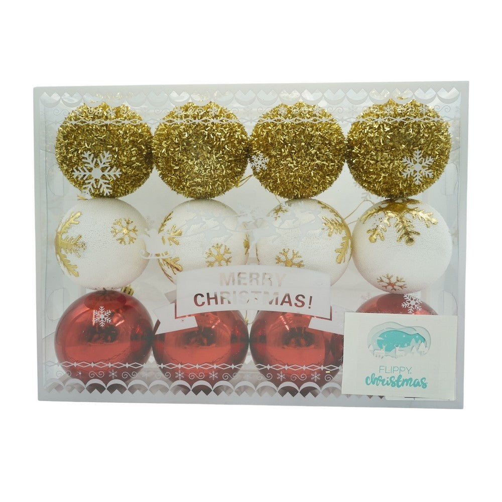 Set de 12 ornamente de brad, Klevo, de tip Glob, Alb/ Rosu, din polistiren, cu finisaj sclipitor , cutie  8  cm adancime x 32  cm lungime x 24  cm inaltime