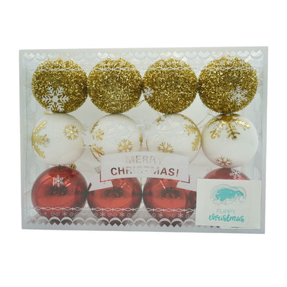 Set de 12 ornamente de brad, Klevo, de tip Glob, Alb/ Rosu, din polistiren, cu finisaj sclipitor , cutie  8  cm adancime x 32  cm lungime x 24  cm inaltime