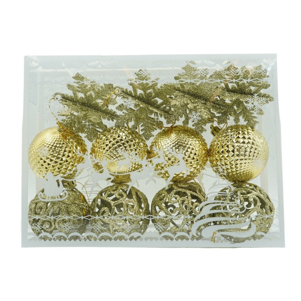Set de 12 ornamente de brad, Klevo, de tip Glob, Auriu, din plastic, cu finisaj sclipitor , cutie  6  cm adancime x 23  cm lungime x 18  cm inaltime